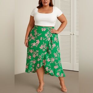 SHEIN Asymmetrical Green Floral Wrap Midi Skirt – Fits Sizes 12–14